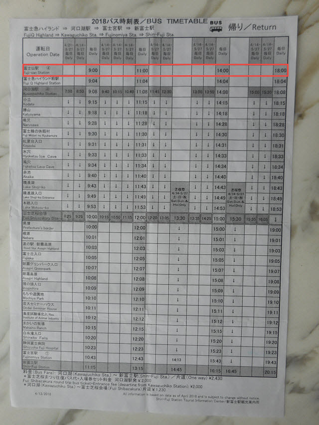山梨縣富士山駅往富士芝櫻會場、新富士駅 巴士時刻表