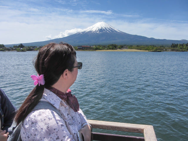 河口湖遊覽船上欣賞河口湖、富士山